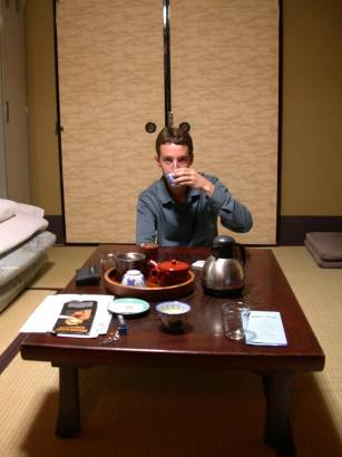 Paul drinking tea in MatsubaYa Ryokan in Kyoto